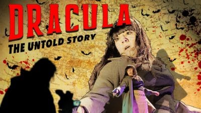 Dracula - Title text, image of a girl looking scared pointing a gun