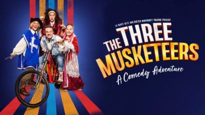 The Three Musketeers - title artwork with 4 men pulling funny faces