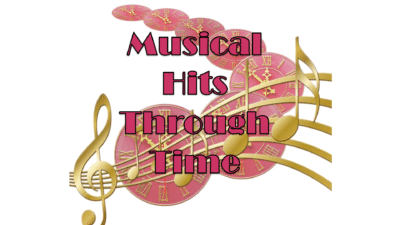 musical hits through time title treatment with clocks and stave