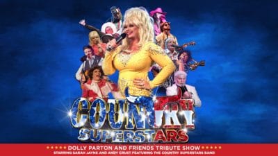 Country Superstars - Photos of the different performers with the Dolly Parton tribute larger and centred, on a blue background with the title text below