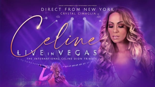 Celine singer on purple backdrop with Celine in Vegas title text