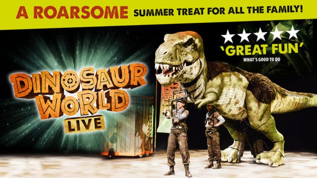 Dinosaur World - image with title text on the left, on the right a photo of two actors puppeteering a large dinosaur puppet
