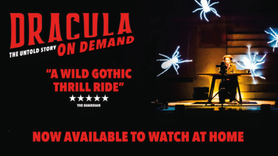 Dracula on Demand text alongside Mina Harker spookily lit with spiders on screens behind her.