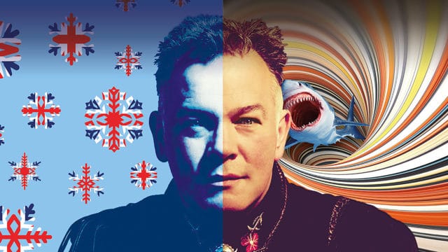 Stewart Lee - Image of Stewart with the two themes of his show displayed on each side of the image, on the left union jack snowflakes and on the right a shark tornado