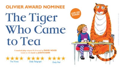 The Tiger Who Came To Tea - Image with title text and an illustration of the tiger sat with Sophie