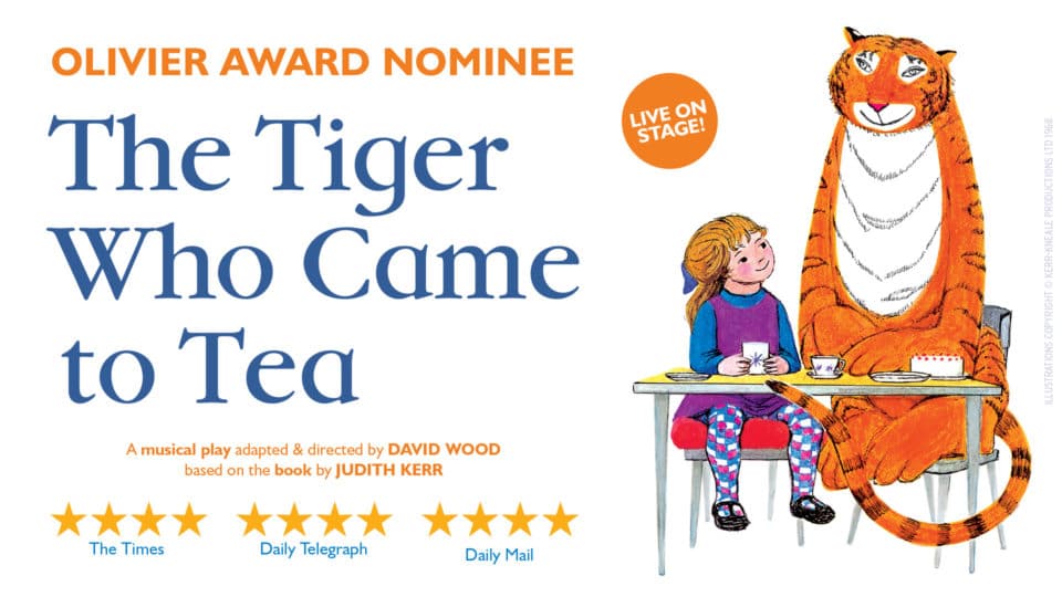 The Tiger Who Came To Tea - Image with title text and an illustration of the tiger sat with Sophie