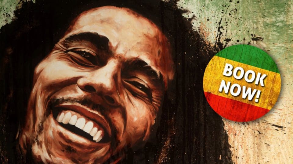 Bob Marley - Painted image of Bob Marley with the text Book Now in to the right of the image
