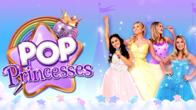 Pop Princesses Title Treatment and four princesses with microphones