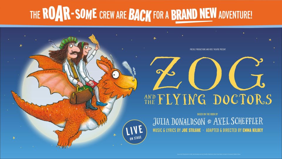 Zog and his Flying Doctors cartoon characters on dragons back, with title text.