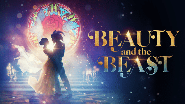 Beauty and the Beast - silhouettes of Beauty and the Beast in front of a stained glass window featuring a rose, to the right there is the text 