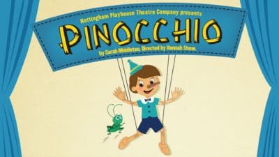 Pinocchio - illustrated image of Pinocchio puppet on strings with a green cricket to the left and there is a blue banner above with the Pinocchio in yellow text