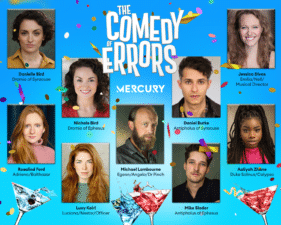 The cast of the comedy of errors appear in front of the titles on a vibrant blue background willed with martini glasses and confetti