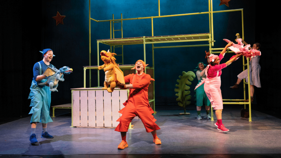 ZOG Ben Locke as Blue Dragon Danny Hendrix as Zog and Eliza Waters as Pink Dragon. Photo Mark Senior 3