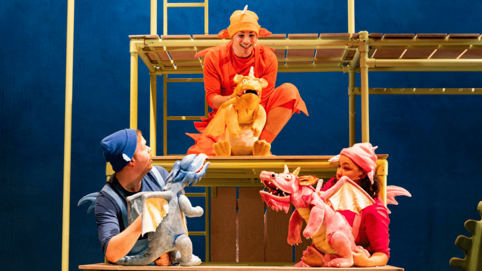 ZOG Ben Locke as Blue Dragon Danny Hendrix as Zog and Eliza Waters as Pink Dragon. Photo Mark Senior