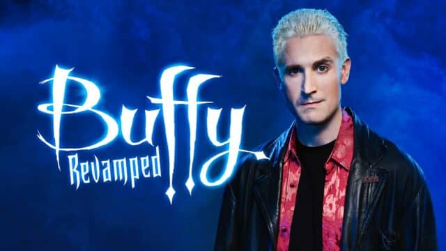 Buffy Revamped title text with main actor and clouded background