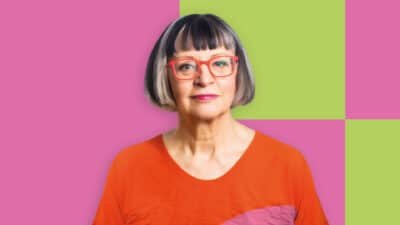 Philippa Perry on pink and green background