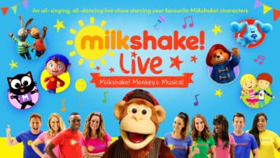 Milkshake monkey with show title and friends including paddington and noddy.