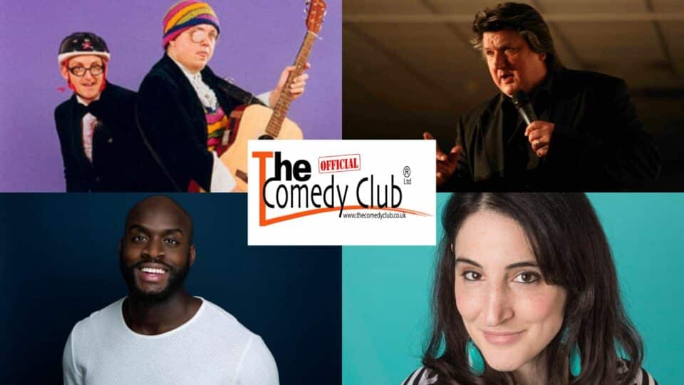 The comedy club poster with the pictures of all the four performers