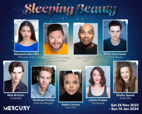 sleeping beauty poster with the pictures of the cast: Alexandra Barredo, Antony Stuart-Hicks, Dale Superville, Philip Catchpole, Nick Brittain, Matthew Forbes, Sasha Latoya, Jaimie Pruden and Shelby Speed