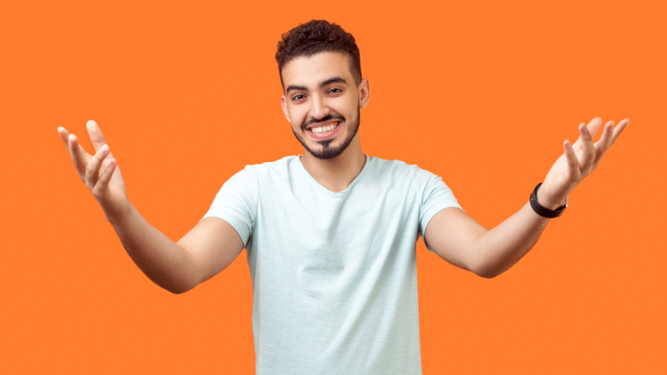 Mercury Adult Company - a man gestures on a bright orange background