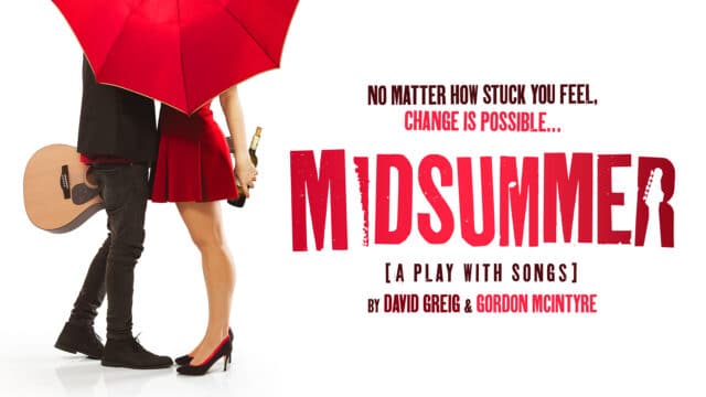 Midsummer title in red, next to a couple behind a red umbrella with a guitar and bottle of wine