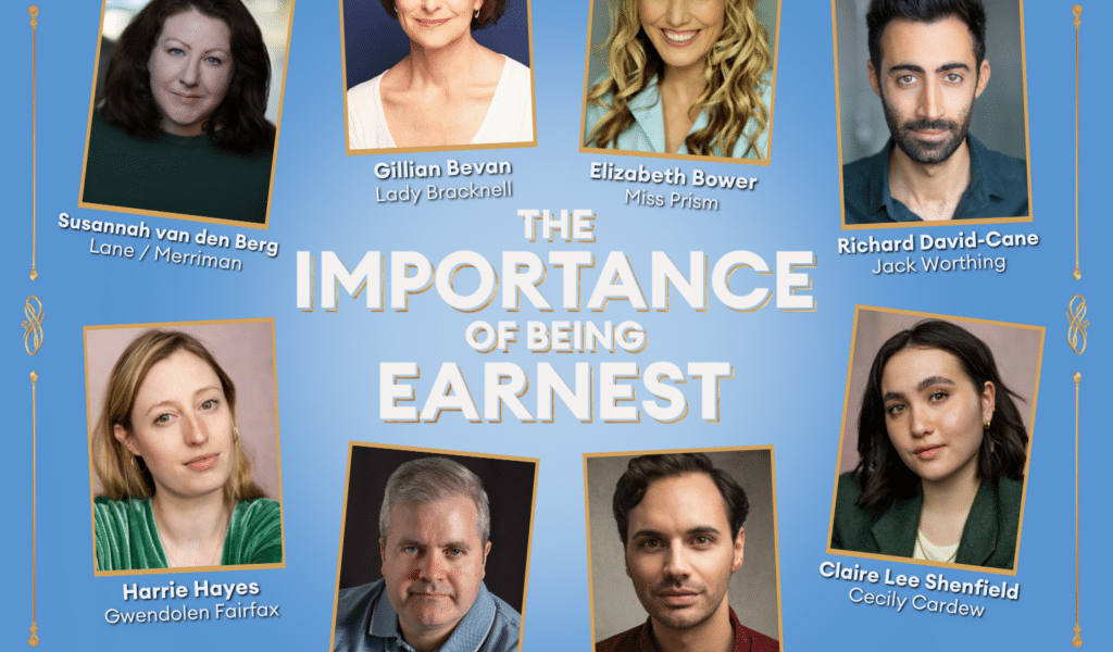 The Importance of being earnest poster with the MT logo and the cast pictures, susannah van den berg as lane/merriman, Gillian Bevan as lady Bracknell, Elizabeth bower as miss prism, Richard David-cane as jack worthing, Claire lee Shenfield as Cecily cardew, mates Evelyn as algernon moncrieff, martin miller as rev canon chasuble and harrie Hayes as Gwendolyn fairfax.