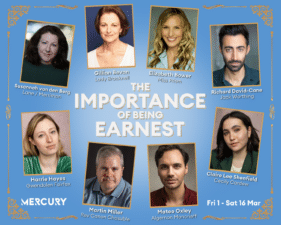 The Importance of being earnest poster with the MT logo and the cast pictures, susannah van den berg as lane/merriman, Gillian Bevan as lady Bracknell, Elizabeth bower as miss prism, Richard David-cane as jack worthing, Claire lee Shenfield as Cecily cardew, mates Evelyn as algernon moncrieff, martin miller as rev canon chasuble and harrie Hayes as Gwendolyn fairfax.