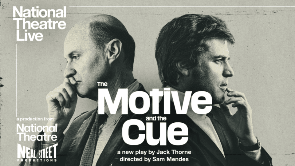 Motive and the Cue poster with two men standing with their backs against each other thinking