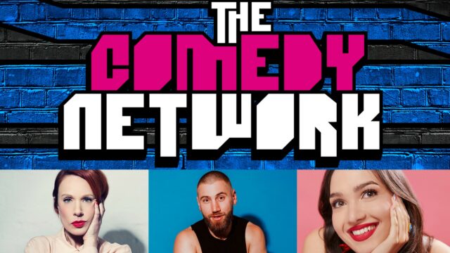 the comedy network april line up featuring 3 headshots and the show logo