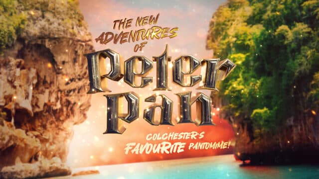 The New Adventures of Peter Pan Artwork with Colchester's Favourite Pantomime! underneath. Sky, sunset and cliffside rocks also pictured in the background.