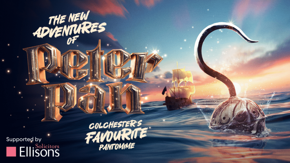 Captain Hook's hook reaches out of a choppy sea with a ship in the background and Peter Pan title text.