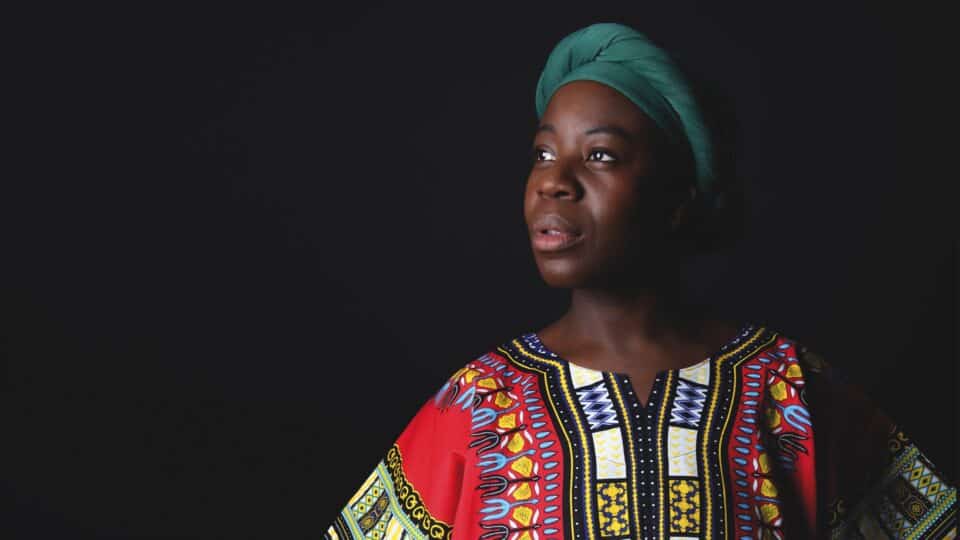 Production image of Florence Odumosu in Black is the colour of my voice