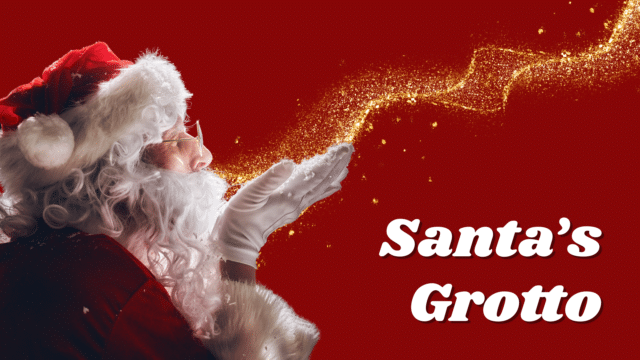 Santa Claus blowing a gold glittery magical kiss on a red background. Title reads 