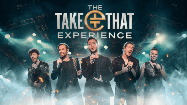 The Take That Experience artwork. 5 singers performing in front of a stadium background with the title 