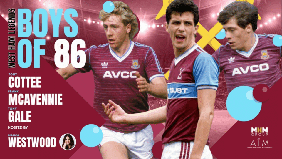 West Ham Boys of 86 artwork: a purple background with 3 layered photos of footballers. Title reads BOYS OF 86.